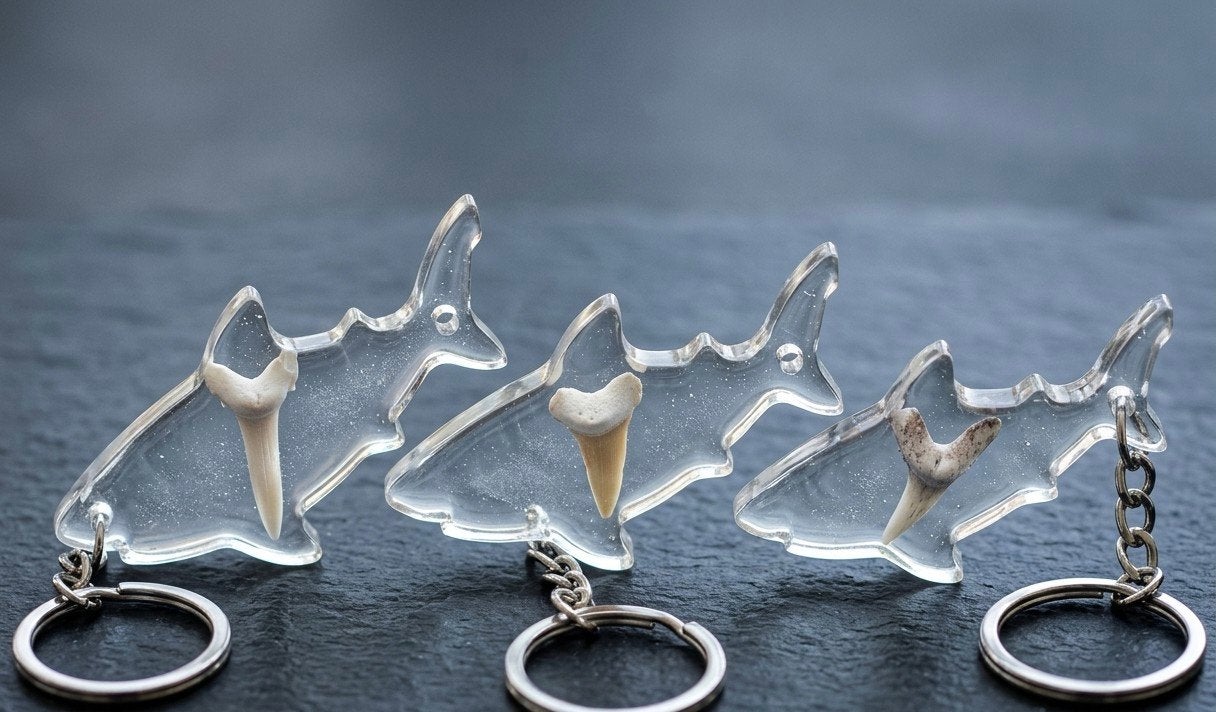 Unieke sleutelhangers met fossiele haaientanden, Verzamelen, Ophalen of Verzenden, Nieuw, Dier of Natuur