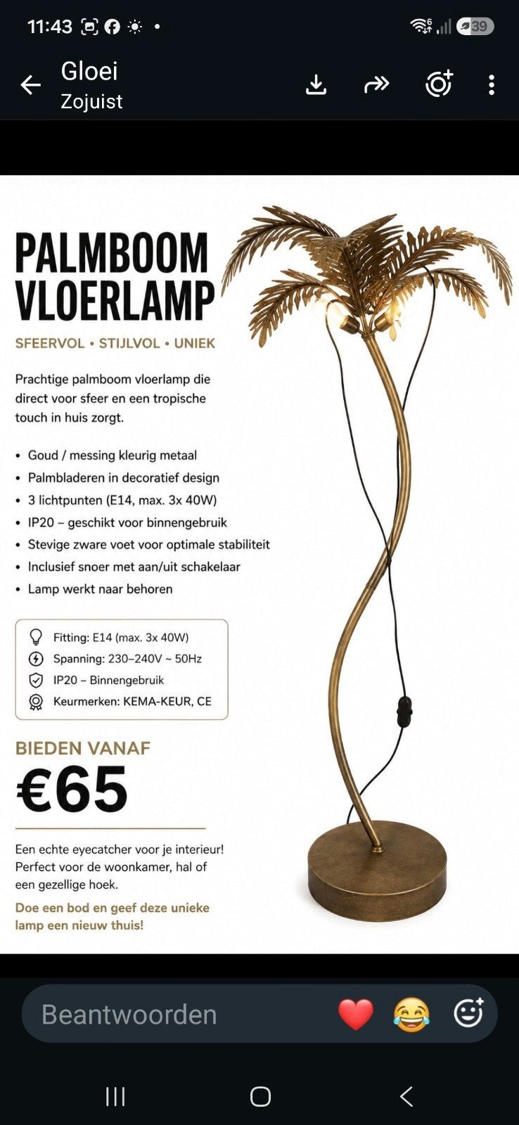 Sfeervolle Palmboom Vloerlamp - Goud/Messing, Ophalen