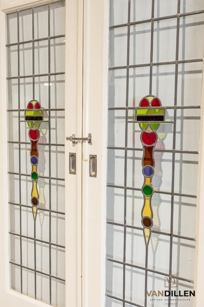 Antieke ensuite schuifdeuren glas in lood art deco 202 x 68, Minder dan 80 cm, Binnendeur, Ophalen of Verzenden, Zo goed als nieuw