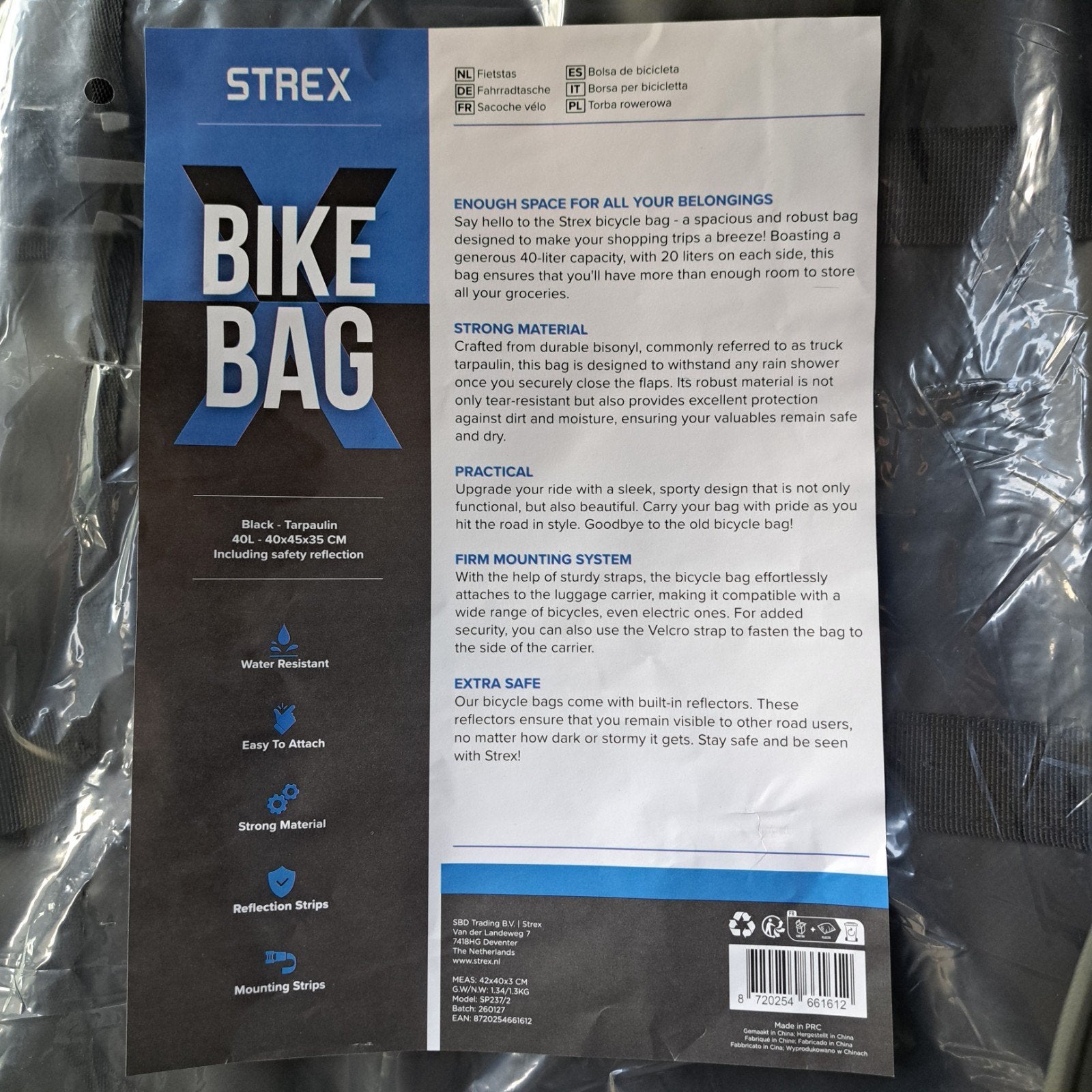 Nieuwe stevige Fietstas - Waterbestendig en Ruim (40L), Ophalen of Verzenden, Nieuw, Strex