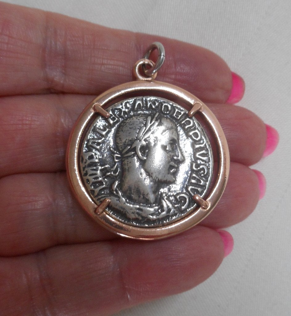 Zilveren fantasie munt hanger in krans bicolor nr.1809, Verzenden, Zo goed als nieuw, Overige kleuren, Zilver