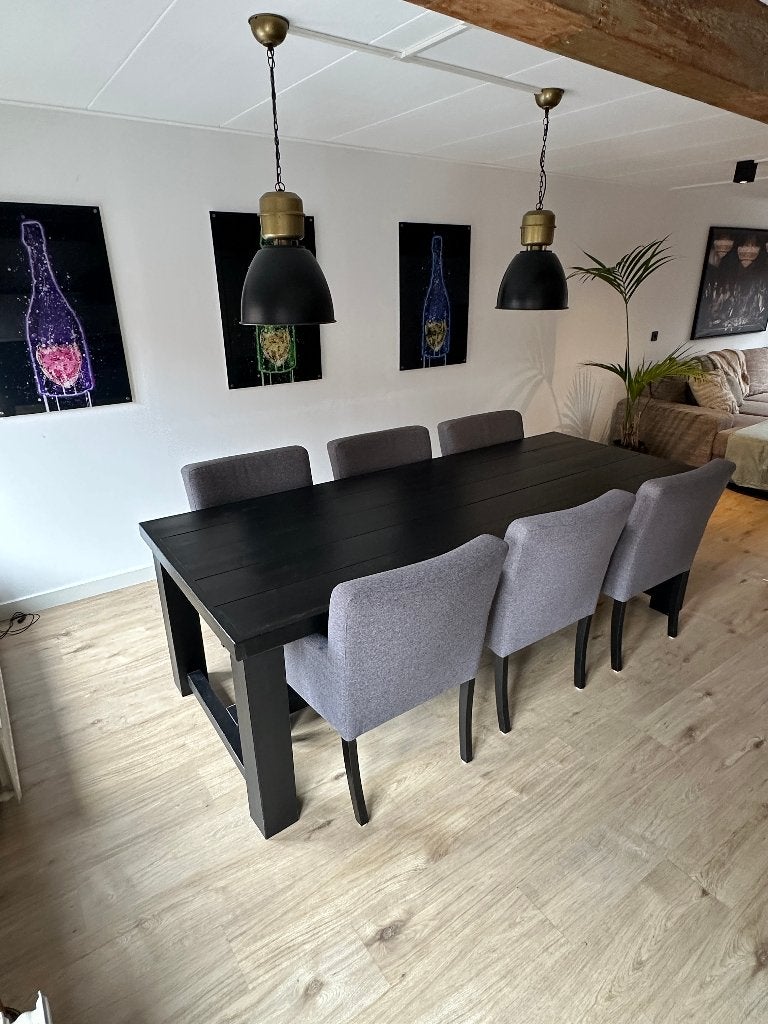 Grote zwarte houten eettafel 240 cm + 6 grijze stoelen, Gebruikt, 200 cm of meer, Vijf personen of meer, Rechthoekig