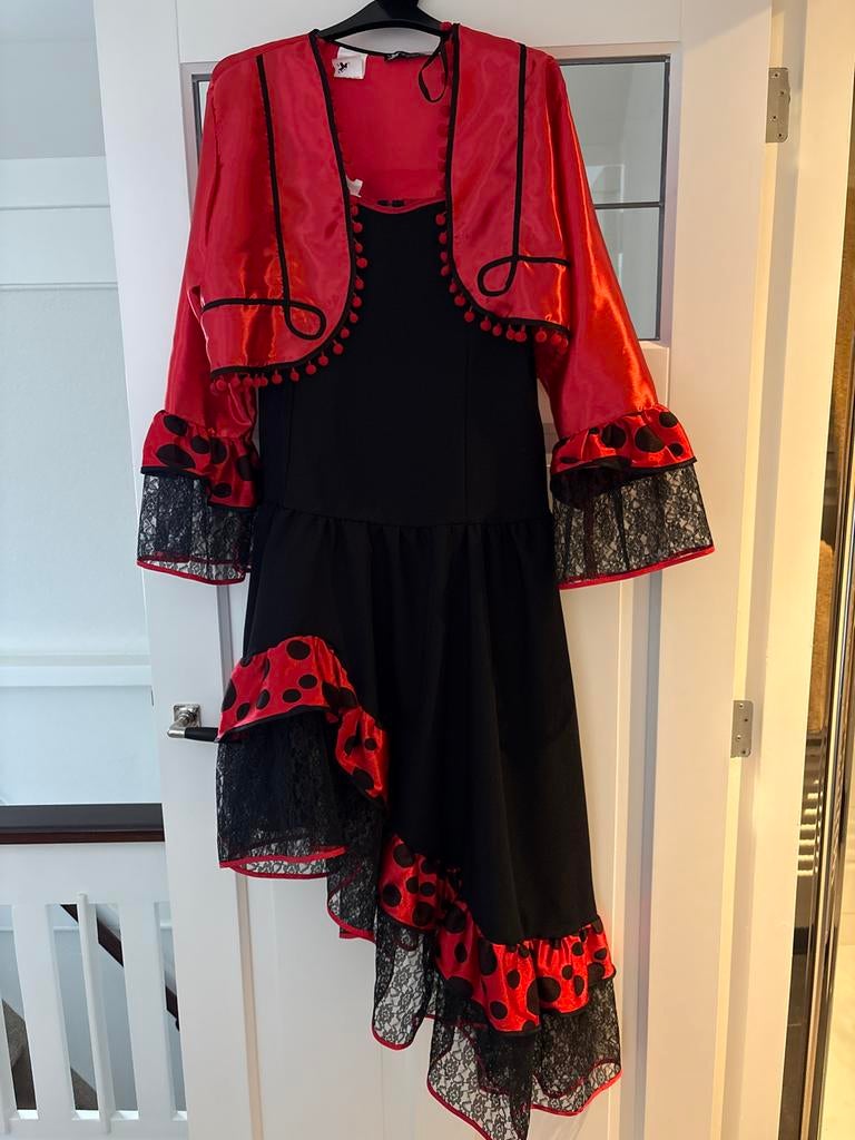 Flamenco Dansjurk Rood Zwart met Bolletjes en Kant, Kleding | Dames, Ophalen of Verzenden, Zo goed als nieuw, Maat 42/44 (L), Overige typen