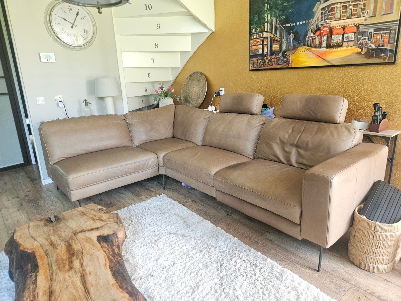 Leren hoekbank met relaxfunctie en hoofdsteunen, Ophalen, 250 tot 300 cm, Gebruikt, Hoekbank