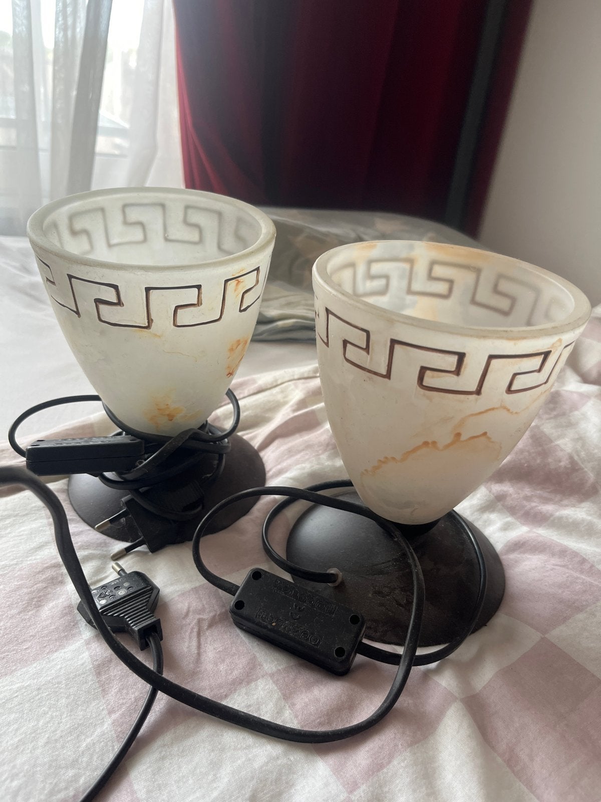 Set van 2 glazen schemerlampjes met Grieks patroon, Huis en Inrichting, Ophalen, Met schakelaar, Gebruikt, Overige merken