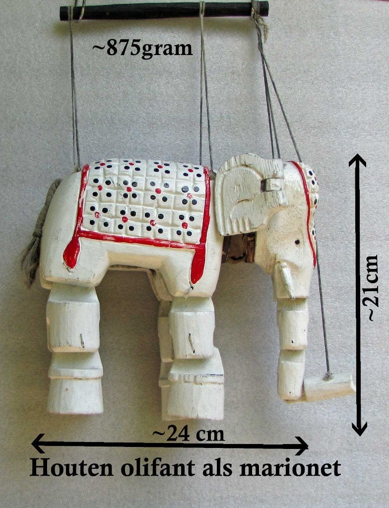 Houten olifant als marionet, Ophalen, Houtsnijwerk, Handgemaakt, Zoogdier
