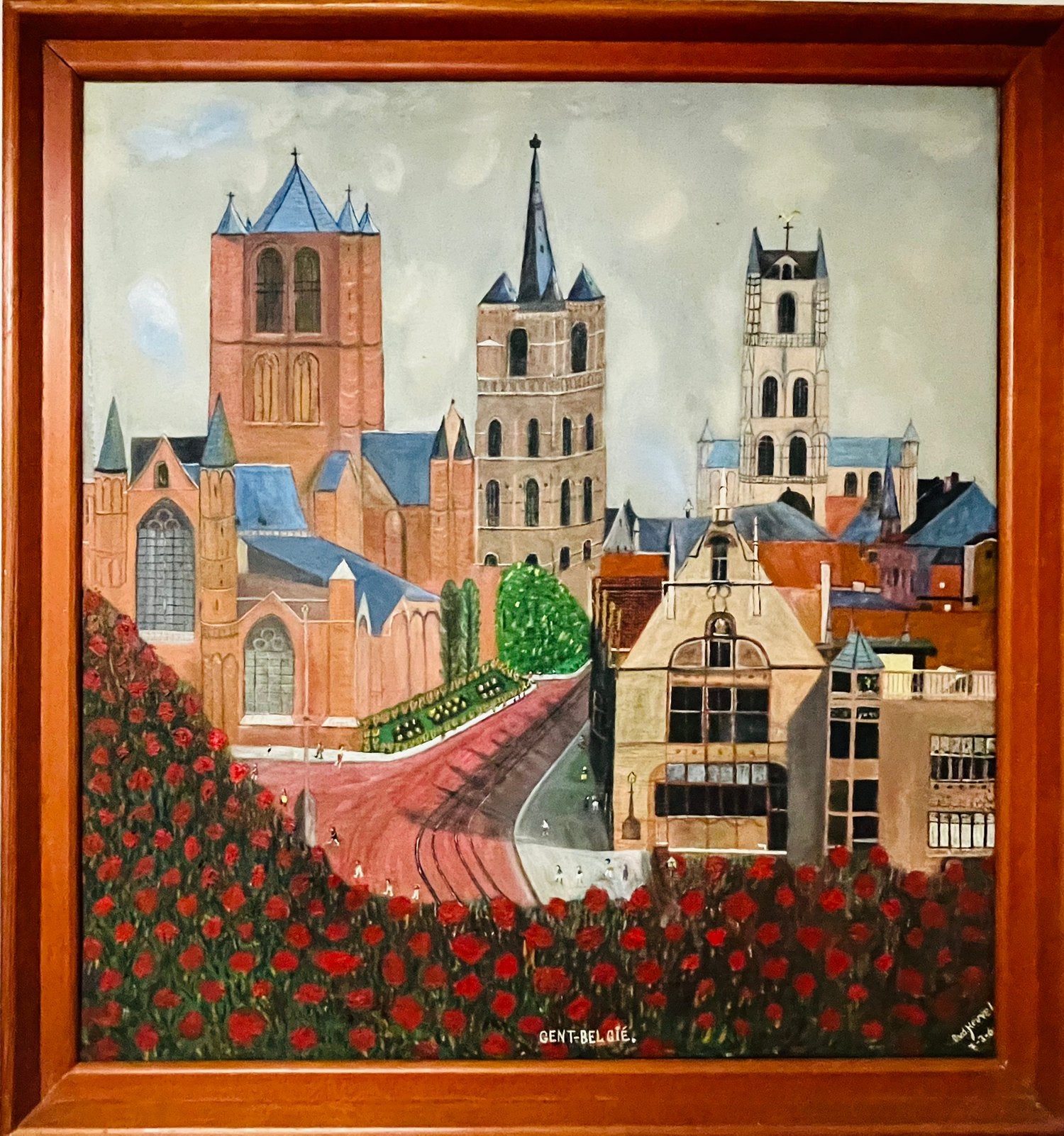 Omvangrijk schilderij van de Belgische stad Gent, Antiek en Kunst, Ophalen, Overige stijlen, Doek, Stads- / dorpsgezicht