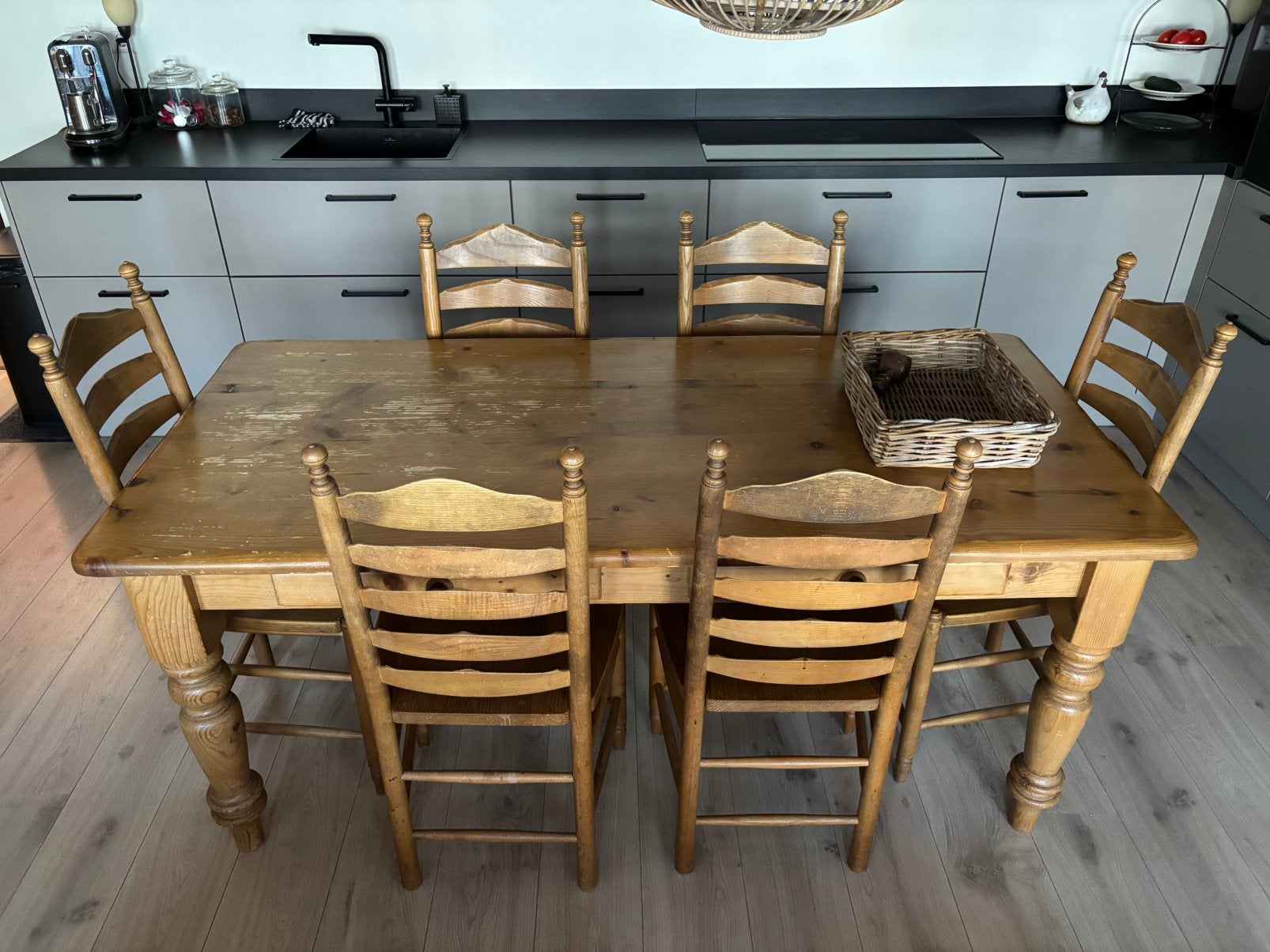 Oud Grenen Eettafel met 6 stoelen, Ophalen, Gebruikt, 50 tot 100 cm, Landelijk