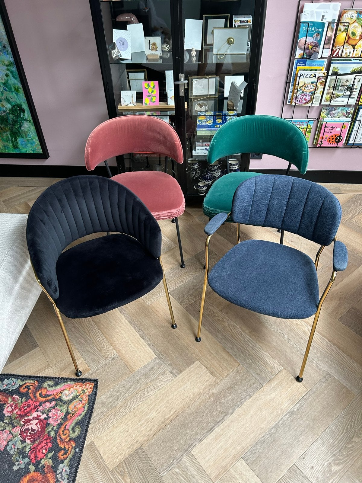8 Luxe Design Eetkamerstoelen  – Complete set, Ophalen, Gebruikt, Blauw, Stof