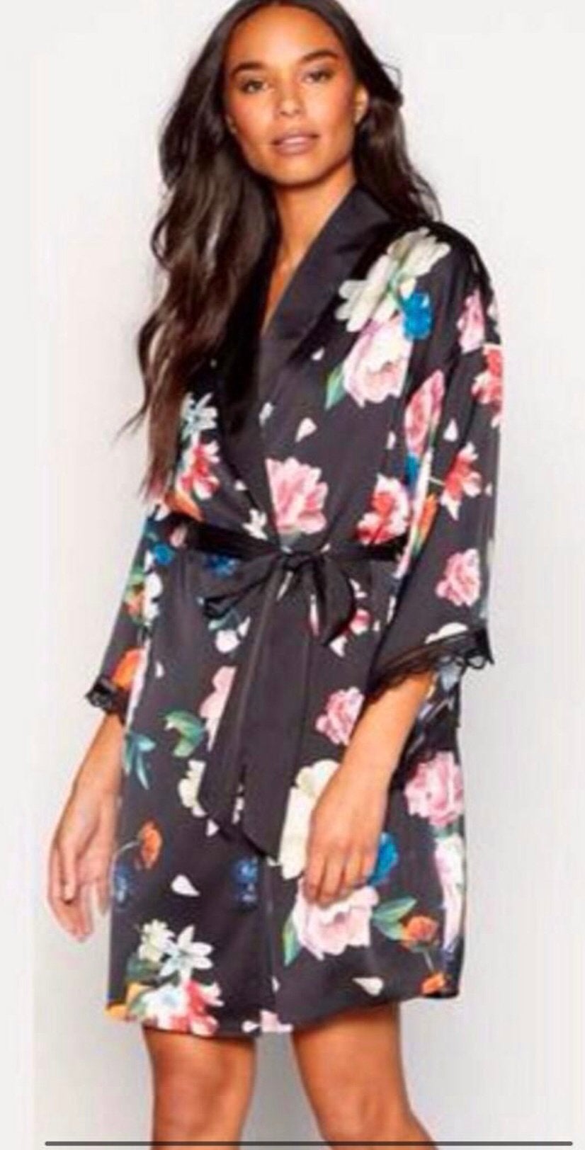 Ted Baker duster matglanzend satijn zwart/bloemenprint M, Verzenden, Meerkleurig, Badjas