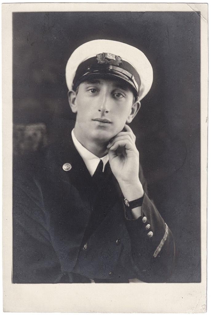 Foto - Portret Man Uniform Pet Marine ? Koopvaardij ?, Gebruikt, Foto, Ophalen of Verzenden, 1940 tot 1960