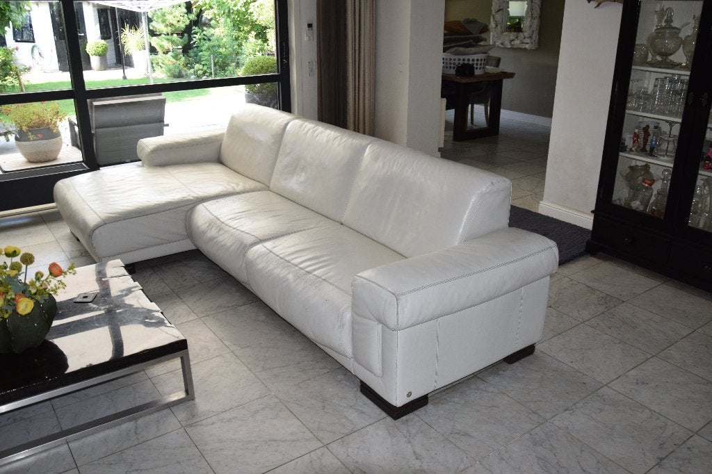 Natuzzi bank met chaises longue wit leder, Ophalen, Gebruikt, 300 cm of meer, Italiaans design