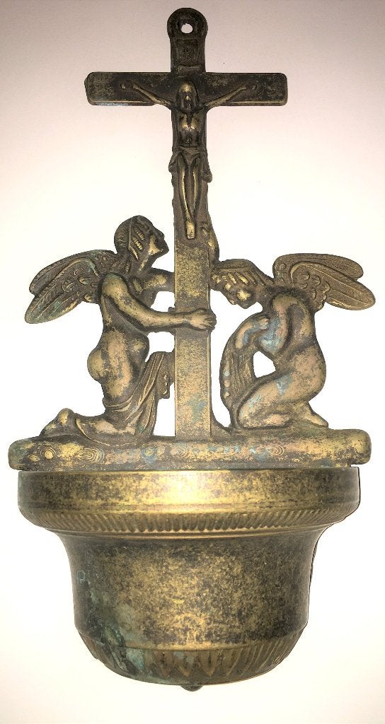 Oude Messing Wijwaterbak 2 Engelen en Jezus Religie, Antiek en Kunst, Curiosa en Brocante, Ophalen