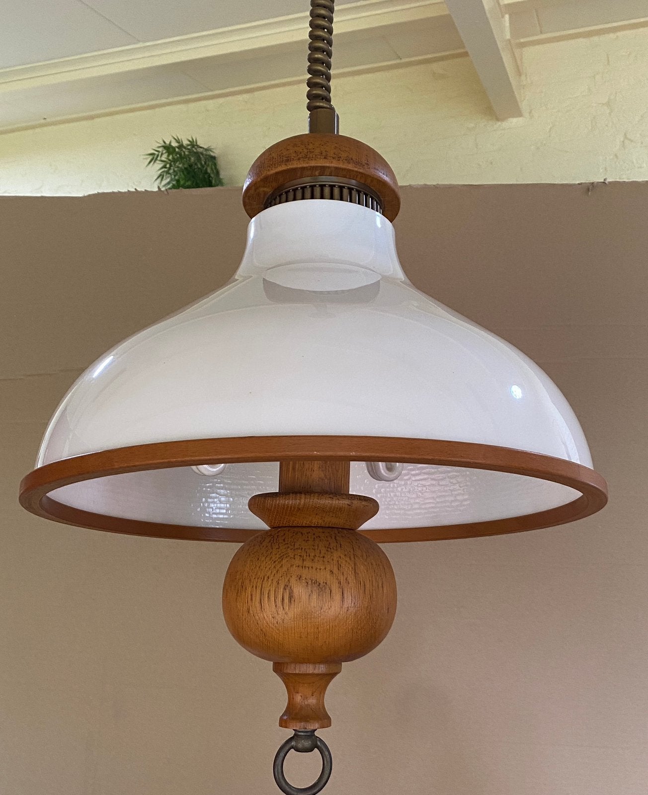 Hanglamp hout en melkglas, 42 cm doorsnede, Ophalen, Gebruikt, Glas