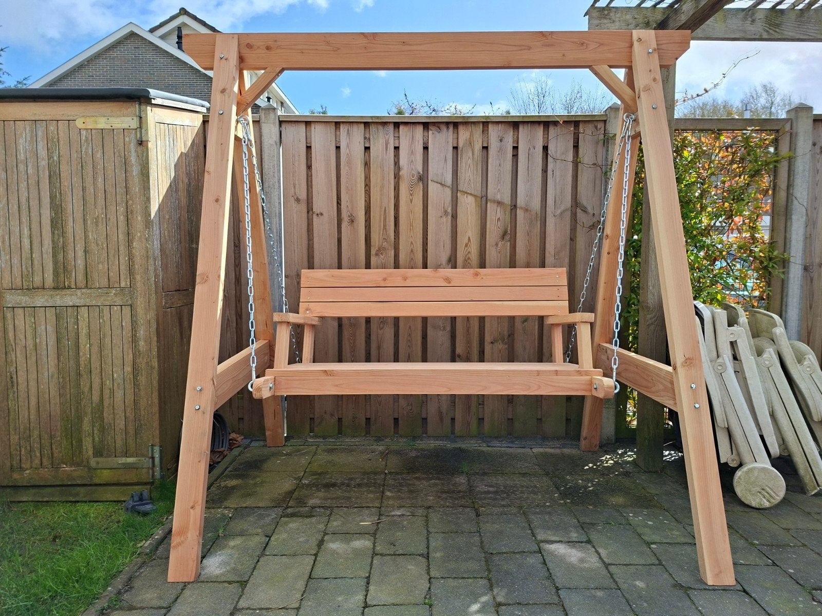 Schommelbank van Douglas hout, Ophalen, Zo goed als nieuw, Hout, Schommelbank