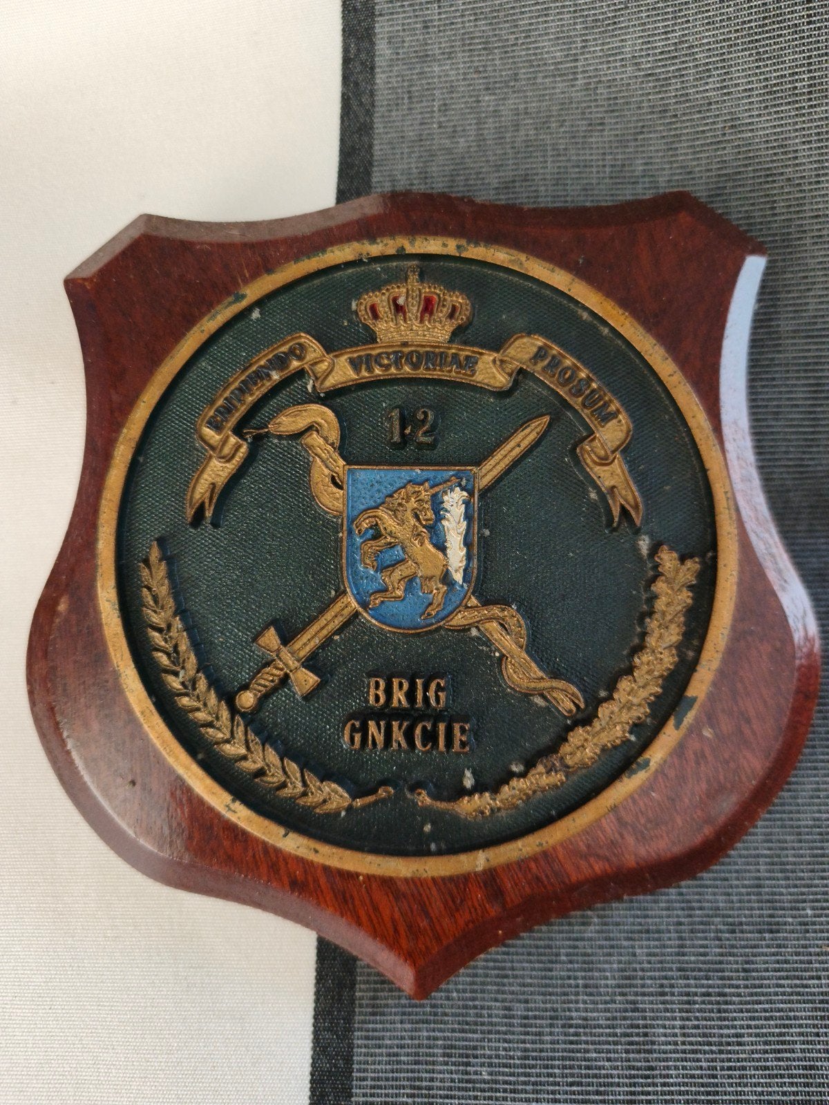 Militair embleem 1-2 Brig GNKCIE op houten schild, Verzamelen, Ophalen of Verzenden, Landmacht, Nederland, Embleem of Badge