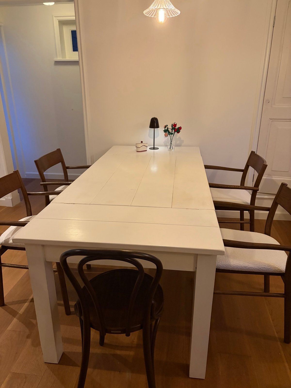 Witte houten eettafel met opbergvakken - 200x90 cm, Ophalen, Gebruikt, 50 tot 100 cm, 150 tot 200 cm