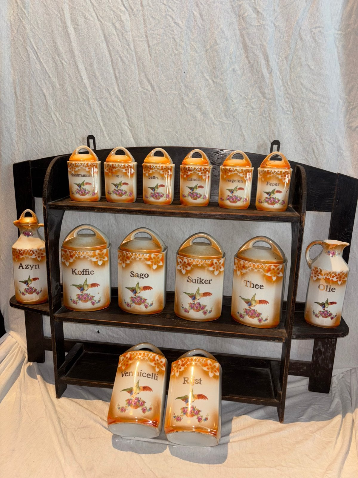 Complete vintage kruiden en koffie set 14 potten + houte rek, Antiek en Kunst, Ophalen