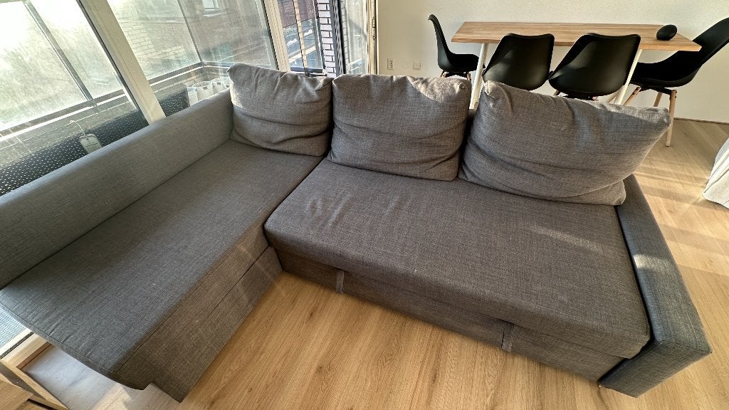 Grijze hoek- en slaapbank met opbergruimte, Ophalen, Gebruikt, Hoekbank, 150 cm of meer
