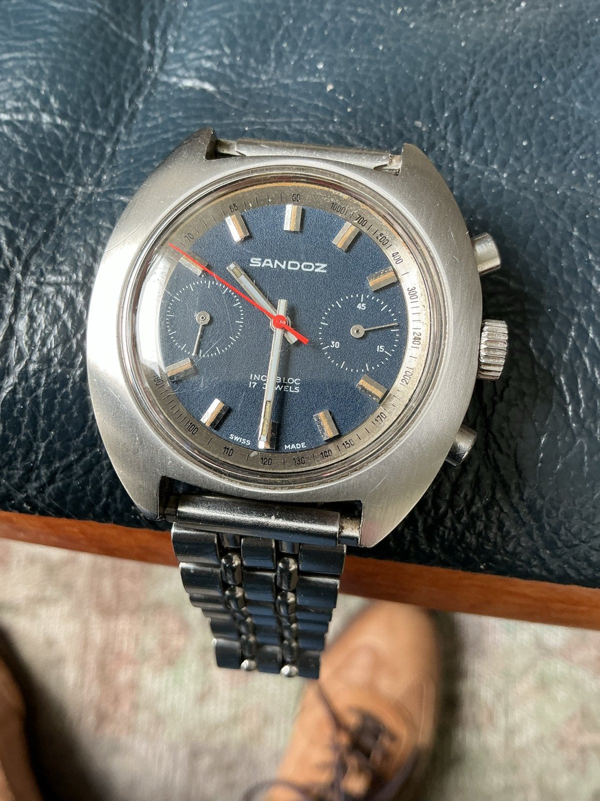 Vintage Sandoz herenhorloge Valjoux 7733 chronograaf jaren 6, Overige merken, Gebruikt, Staal, Polshorloge