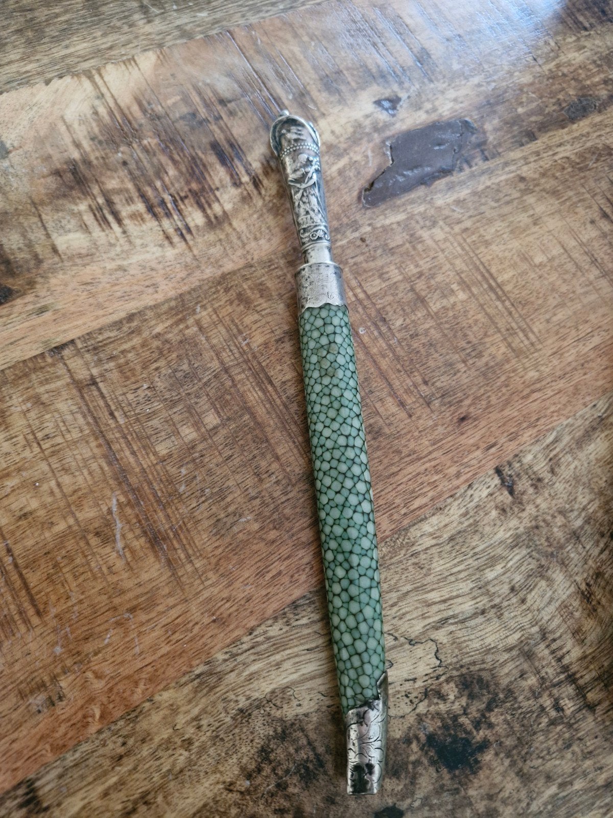 Antiek zilveren mes met segrijnleren foedraal, 42gr, Ophalen of Verzenden