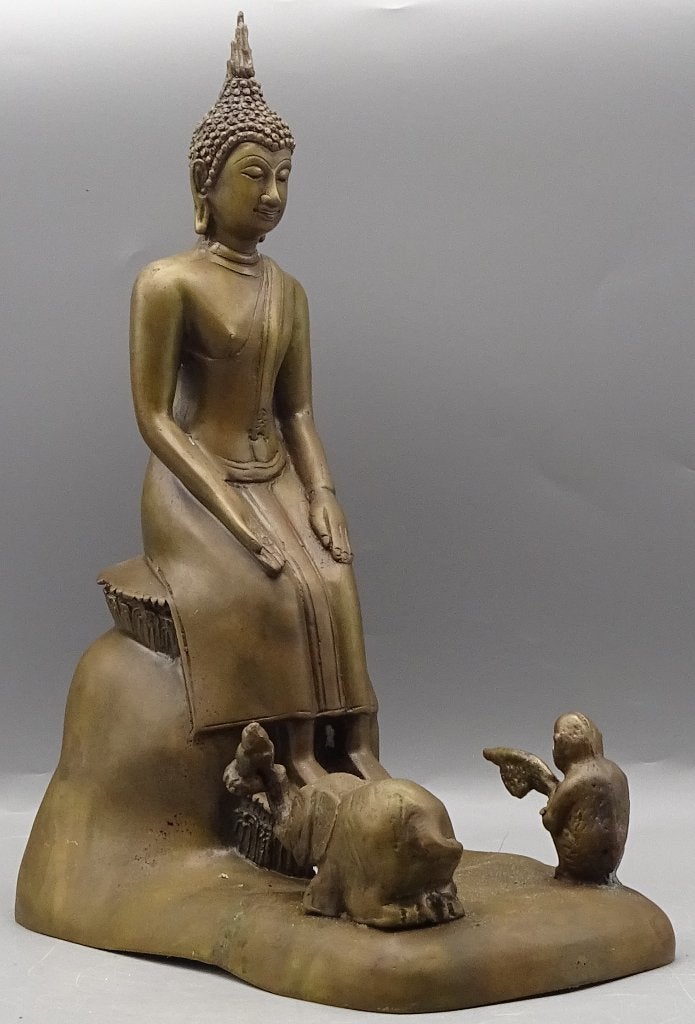 Grote Bronzen boeddha met aap en olifant beeld, Nvt particulier, Ophalen of Verzenden, Zo goed als nieuw, Nvt particulier