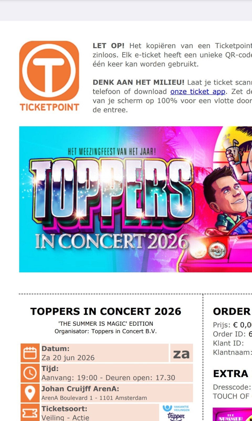 4 zitplaatsen 20 juni vak 409 rij 9 toppers in concert 2026, Tickets en Kaartjes, Twee personen, Juni