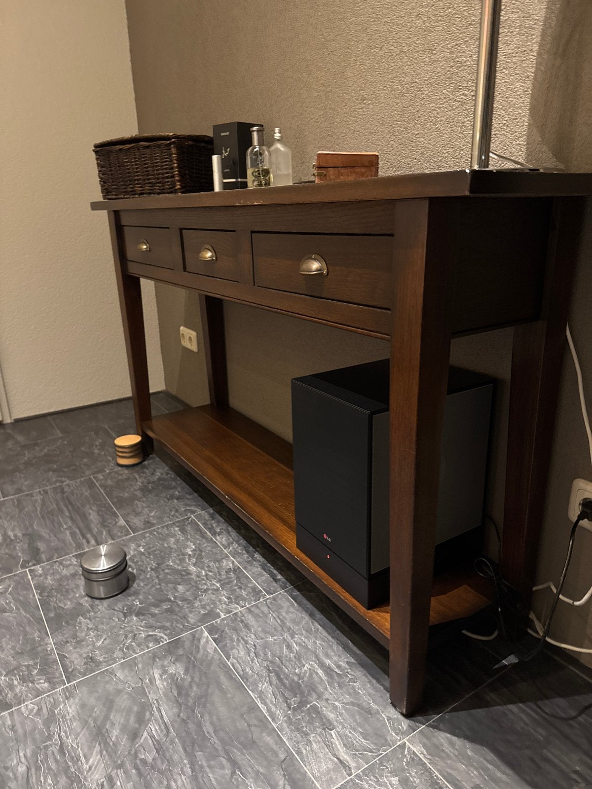 Sidetable / Console tafel met 3 lades en plank, Ophalen, Gebruikt, 100 tot 150 cm, Overige houtsoorten
