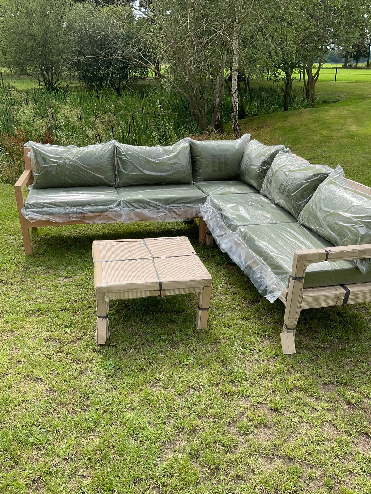 Nieuwe teak houten hoekloungeset met kussens Rough Batang, Tuin en Terras, Ophalen of Verzenden, Zo goed als nieuw, Teakhout