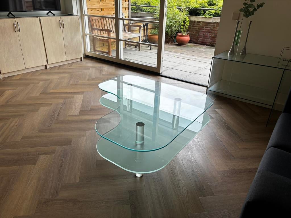 Salontafel glas, L vormig, Huis en Inrichting, Tafels | Salontafels, Ophalen, Gebruikt, 100 tot 150 cm, 50 tot 100 cm