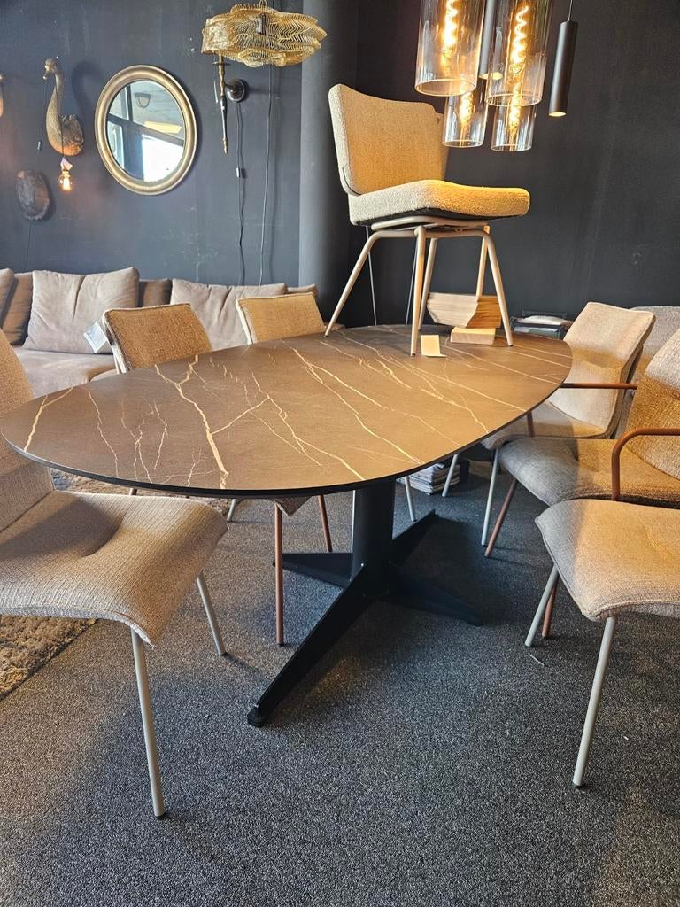 Eetkamer tafel HPL blad metalen onderstel stomp ovaal, Ophalen of Verzenden, Nieuw, Ovaal, 200 cm of meer