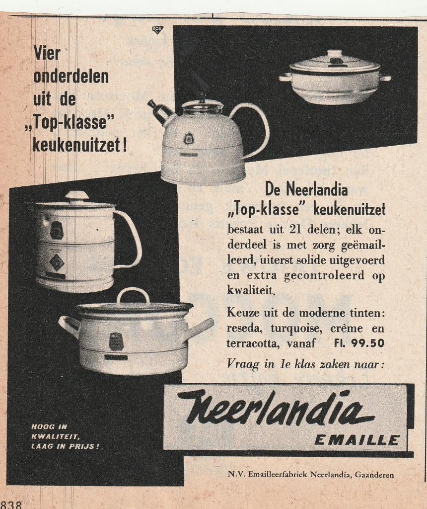 retro reclame 1955 Neerlandia emaille pannen uitzet, Verzenden, Overige typen