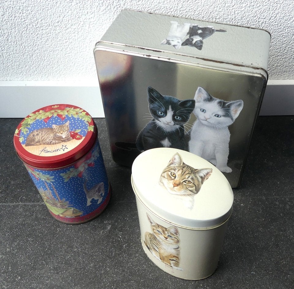 Franciens katten blikken kattenblik poes kat trommel blik, Verzamelen, Ophalen of Verzenden, Gebruikt, Overige
