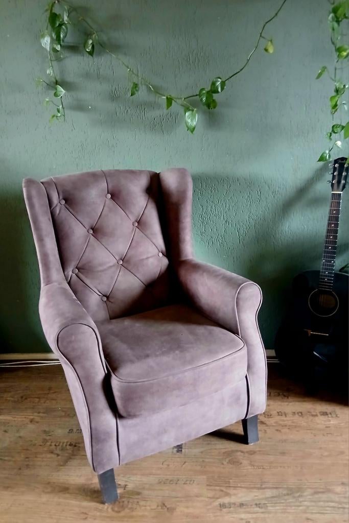 Prachtige fauteuil (taupe) suede leer, Huis en Inrichting, Fauteuils, Gebruikt, 75 tot 100 cm, Ophalen of Verzenden, 75 tot 100 cm