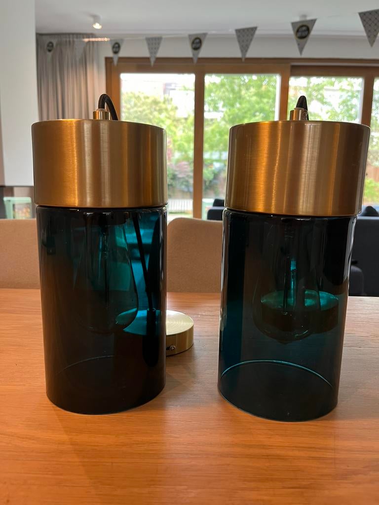 2 mooie blauw/messing hanglampen van present time, Ophalen, Zo goed als nieuw, Glas