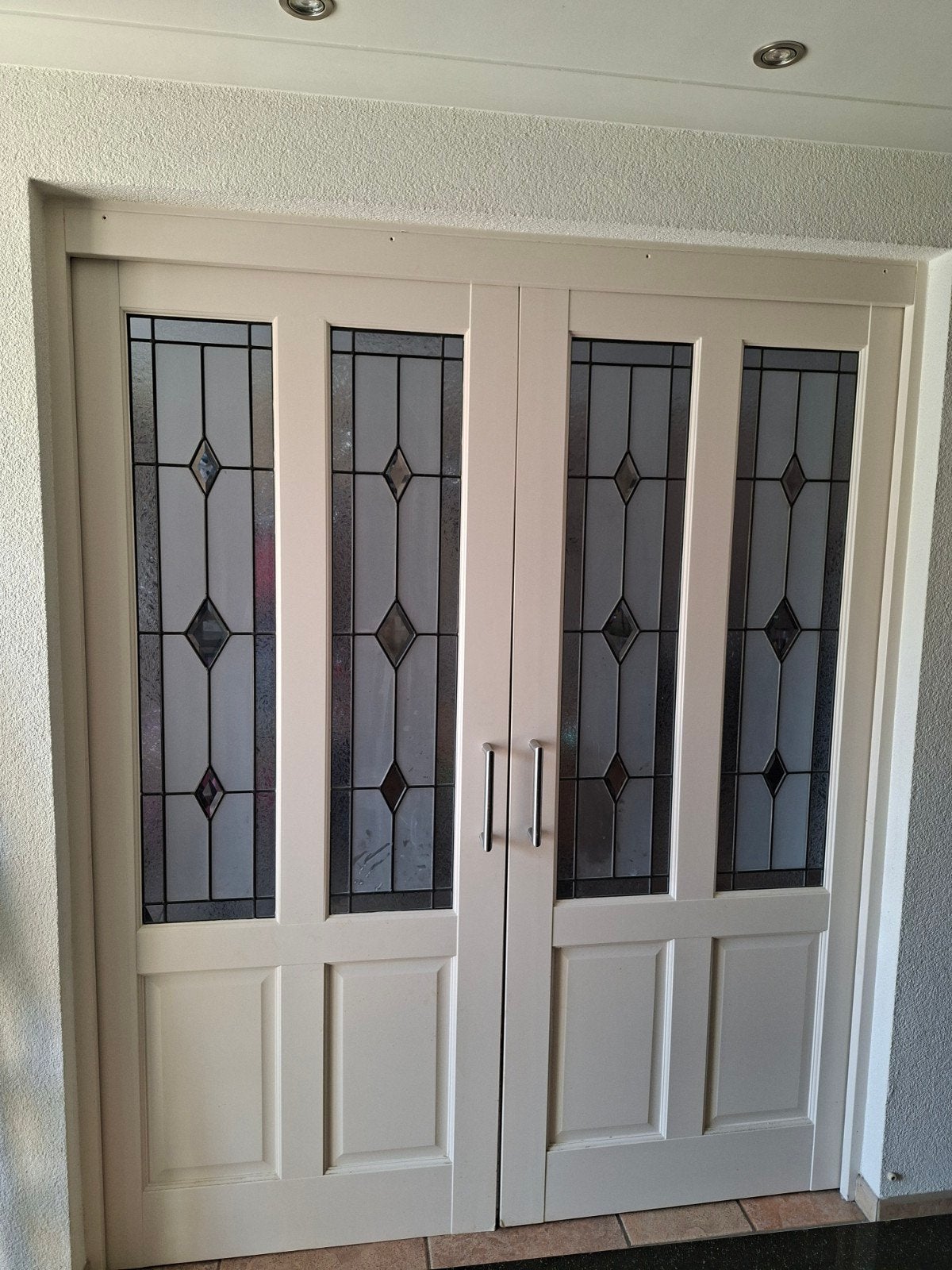Dubbele schuifdeur met glas-in-lood – wit - 170x210, Doe-het-zelf en Verbouw, Ophalen, Gebruikt, Binnendeur, Glas