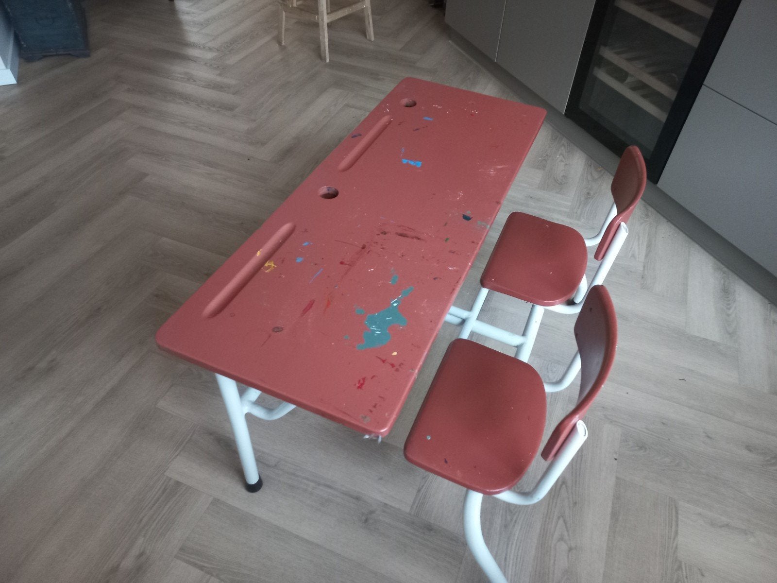 Vintage schoolbankje l=110 b=70 h= 64 cm, Ophalen