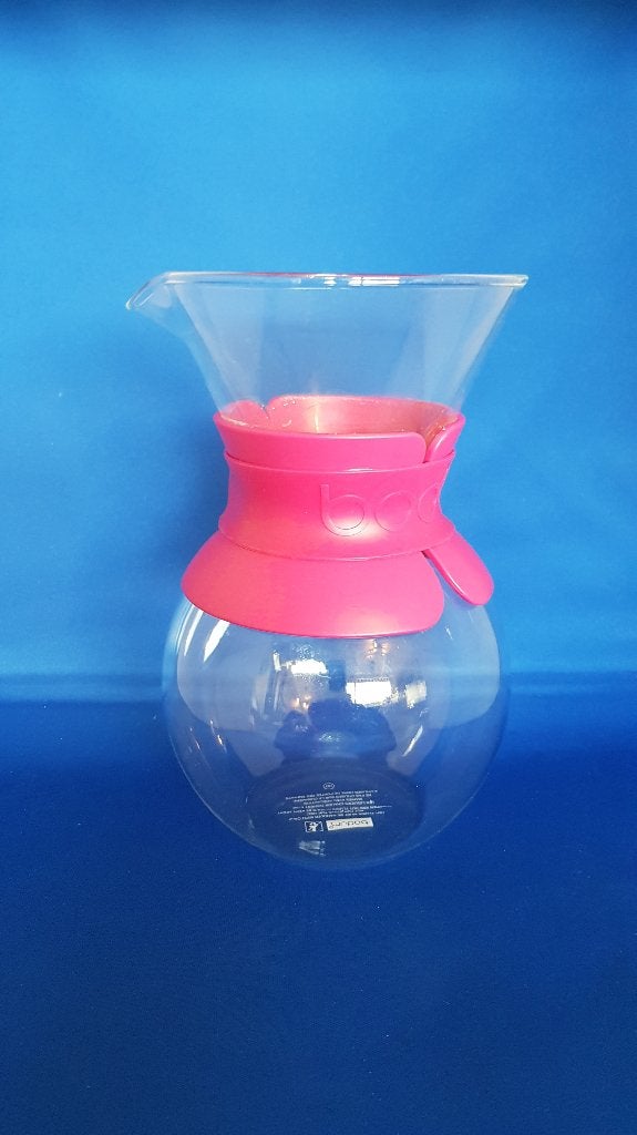Bodum waterkan, kan van glas, roze rubber band. 3A39/4, Tweedehands verkoop, Tweedehands verkoop, Gebruikt, Ophalen of Verzenden