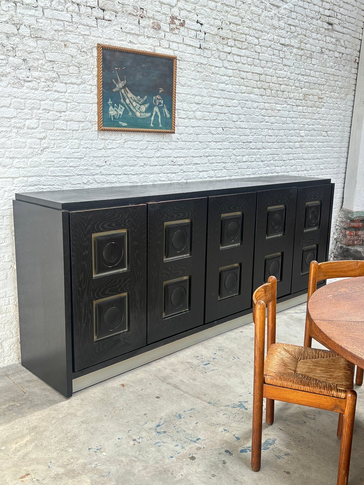 Groot vintage brutalistisch dressoir, Brutalist, 100 tot 150 cm, Eikenhout, Zo goed als nieuw