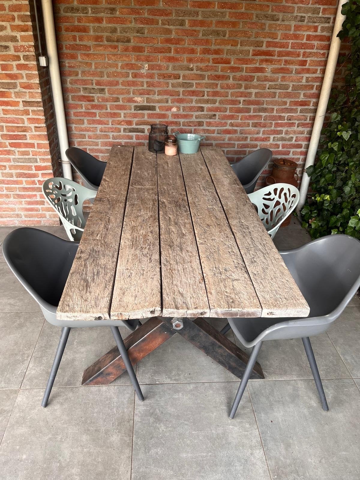 tuintafel van wagonplanken + 6 stoelen, Ophalen, Gebruikt, Rechthoekig, Hout