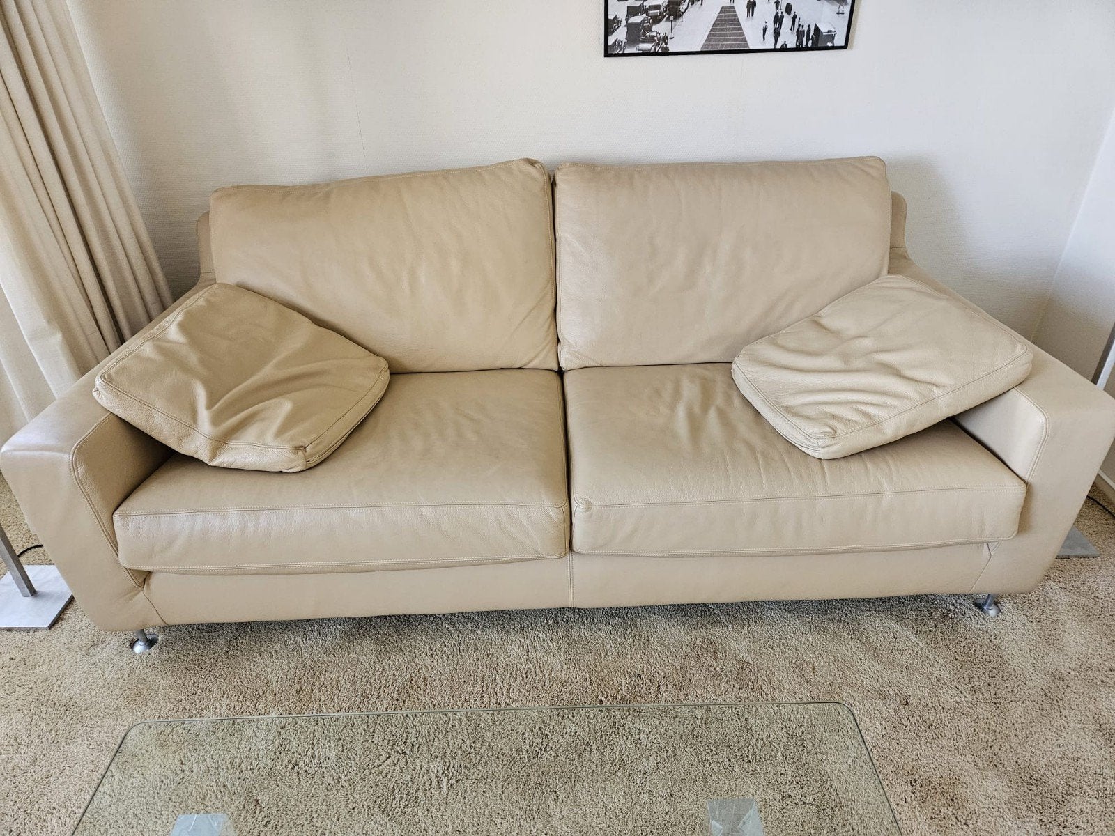 Comfortabele Leren Tweezitsbank - Beige, Ophalen, Gebruikt, 150 tot 200 cm, Tweepersoons