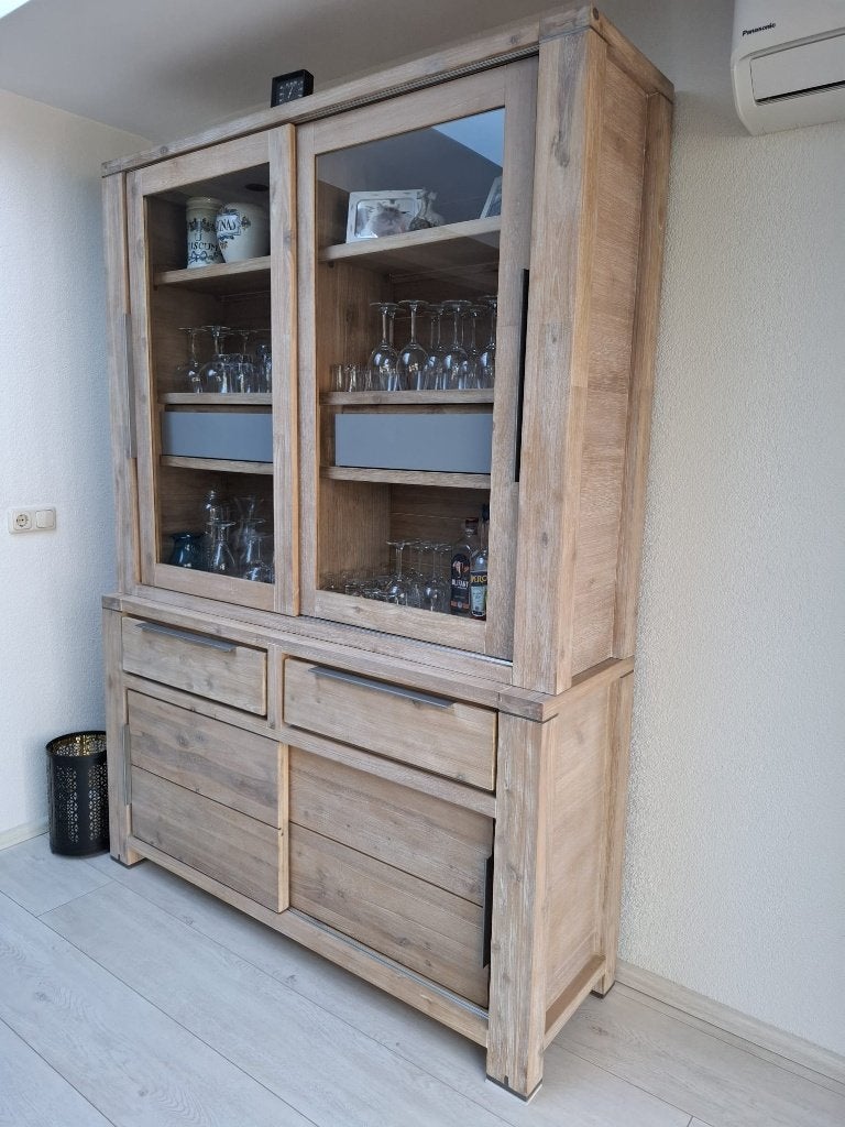 Buffetkast Buckley – Licht Hout Met Grijze Laden En Vitrine, Ophalen, Gebruikt, Onbekend, Modern landelijk, beetje stoer