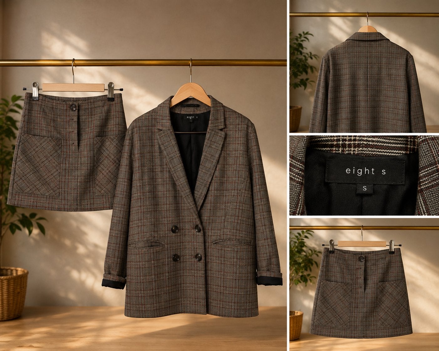Geruite blazer en rok set van eight s, Bruin, Ophalen of Verzenden, Zo goed als nieuw, Maat 36 (S)