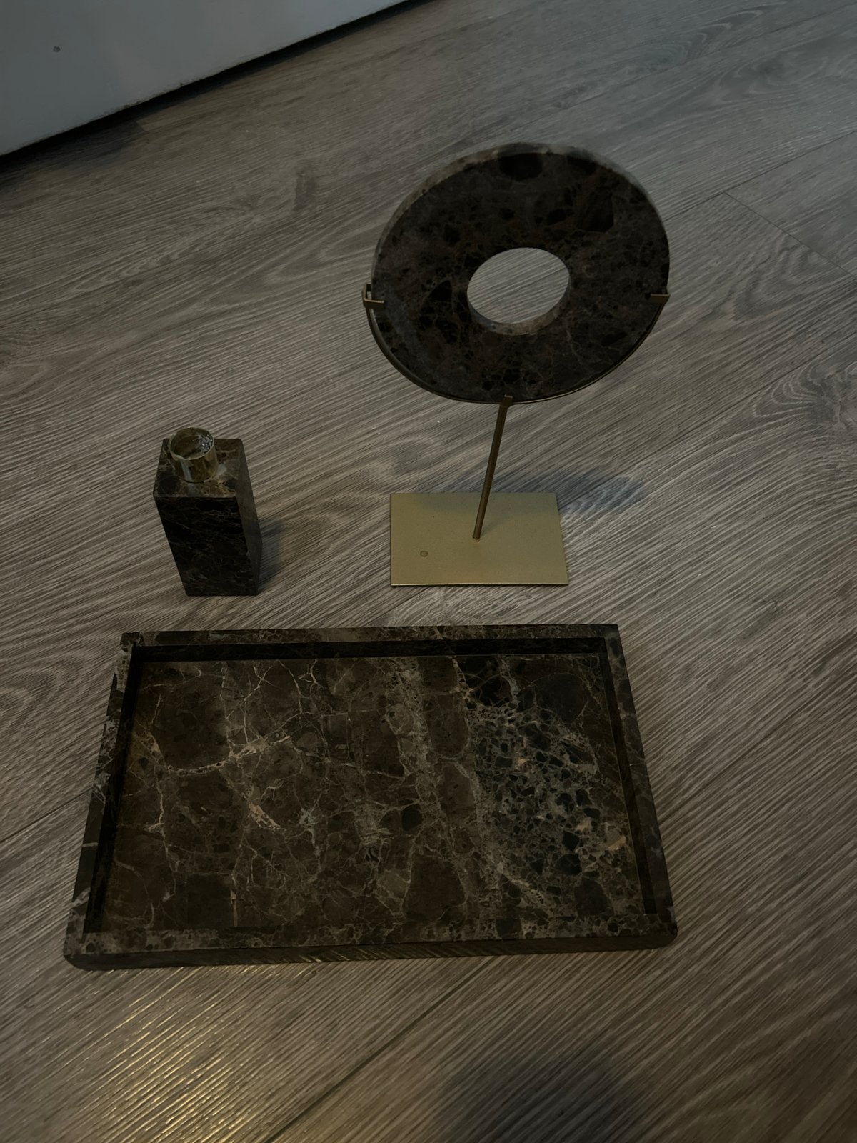 Decoratieve marmeren set: schaal, ring en kaars houder, Ophalen, Zo goed als nieuw, Modern, Bruin