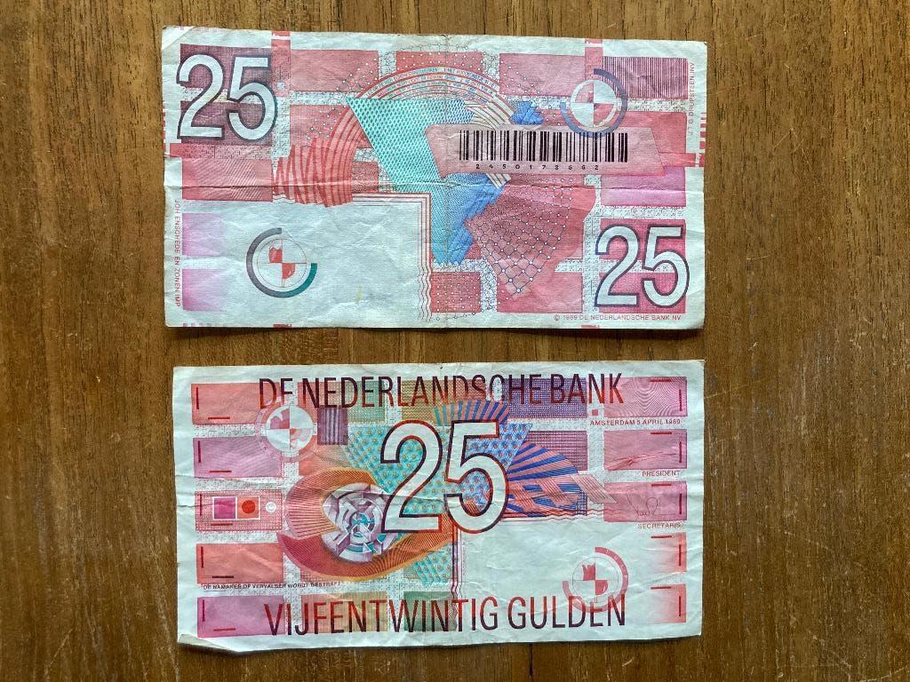 Twee 25 gulden briefjes roodborstje oud geld cash contant, Postzegels en Munten, Bankbiljetten | Nederland, Ophalen of Verzenden