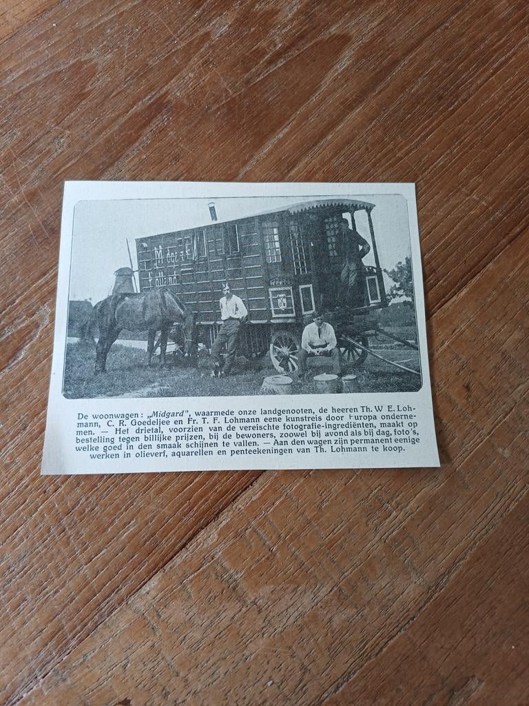 Knipsel woonwagen Midgard kunstreis Lohmann Goedeljee 1909, Verzamelen, Ophalen of Verzenden, Voor 1920, Knipsel(s)