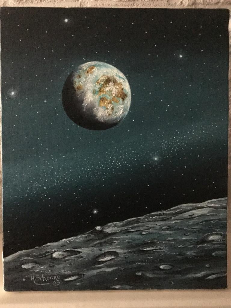 Olieverfschilderij: aarde bezien vanaf de maan (Artemis II), Antiek en Kunst, Ophalen of Verzenden