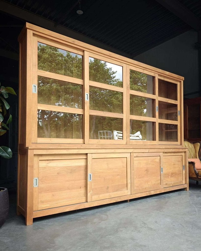 Grote teakhouten vitrinekast | Teak wandkast 300cm #3668, Glas, Met deur(en), -, 200 cm of meer