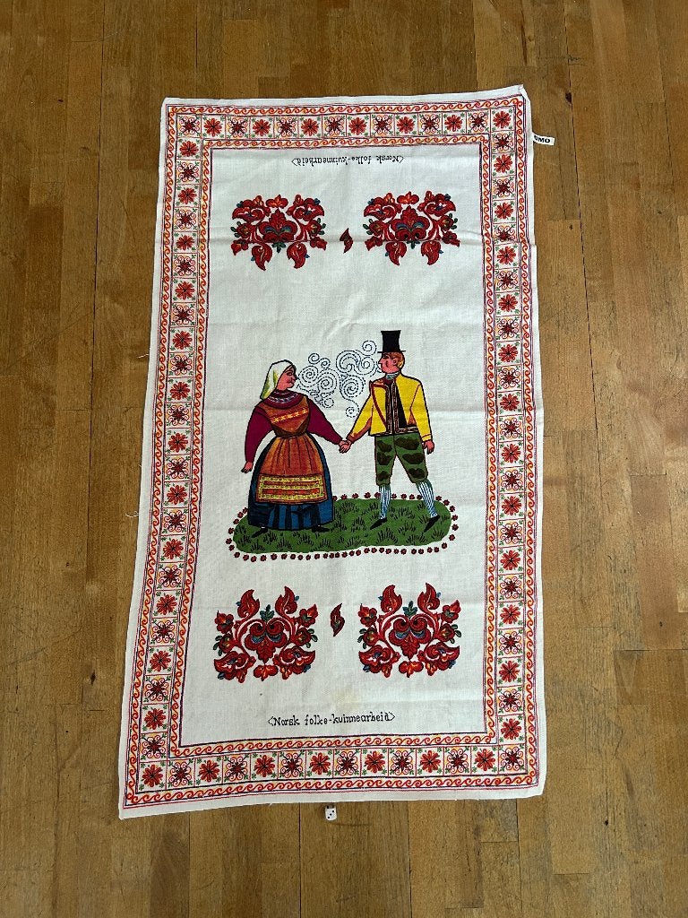 Vintage Noorse theedoek Norsk folke kvinnearbeid Omo, Gebruikt, Katoen, Wasbaar, Meerkleurig