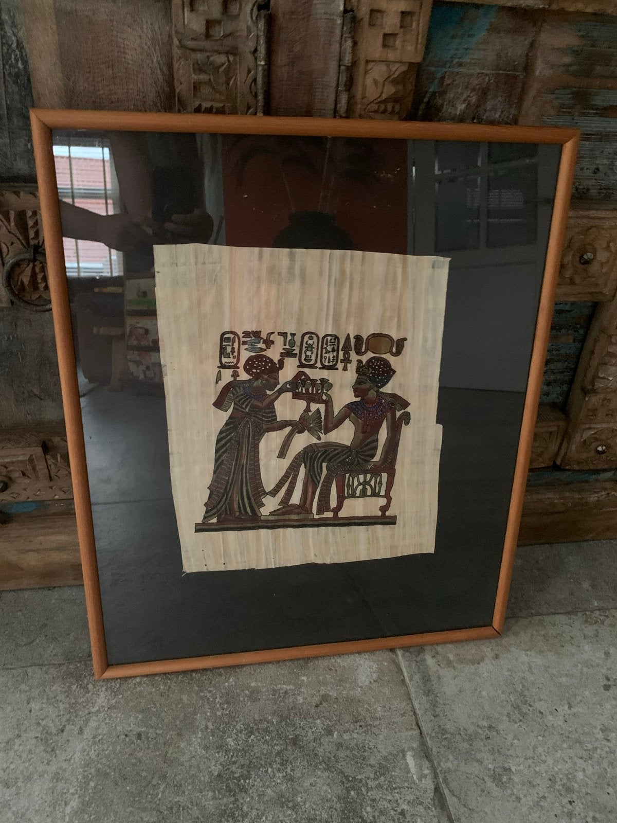 Ingelijste Egyptische papyrus - 63 x 53 cm, Antiek en Kunst, Wanddecoratie, Ingelijst, Ophalen of Verzenden, Papier/karton